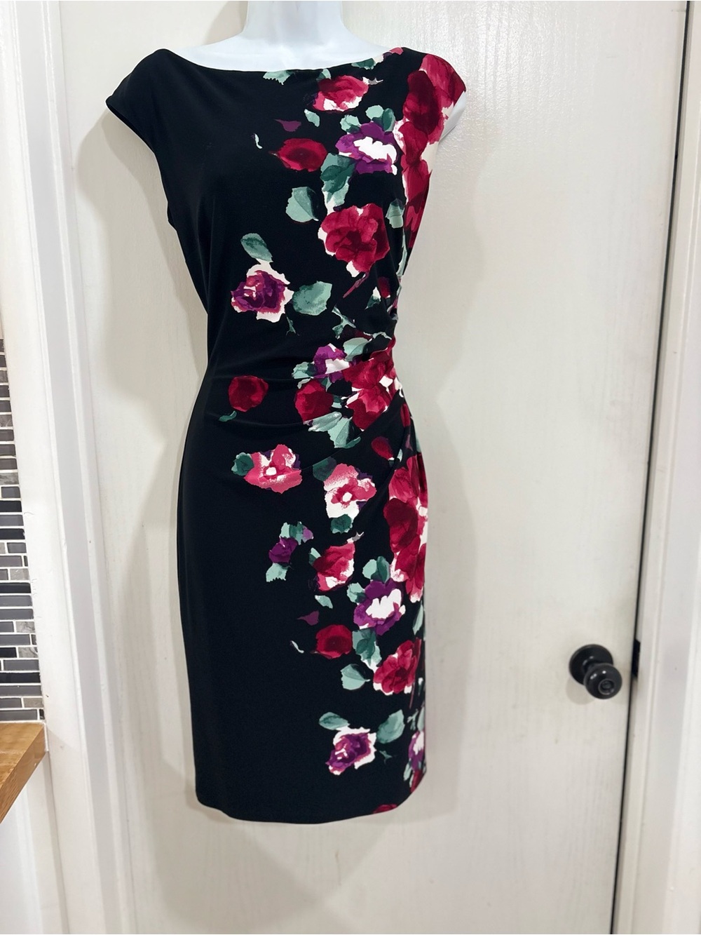 Lauren Ralph Lauren Black Mini Dress with Red & Pink Floral Print